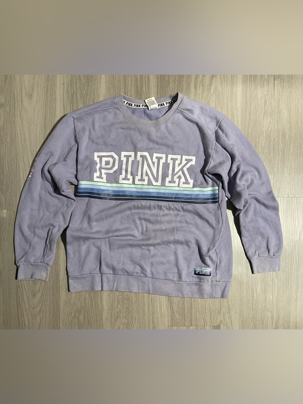 PINK Victoria's Secret Lavender Crewneck with Blue & Mint Stripes